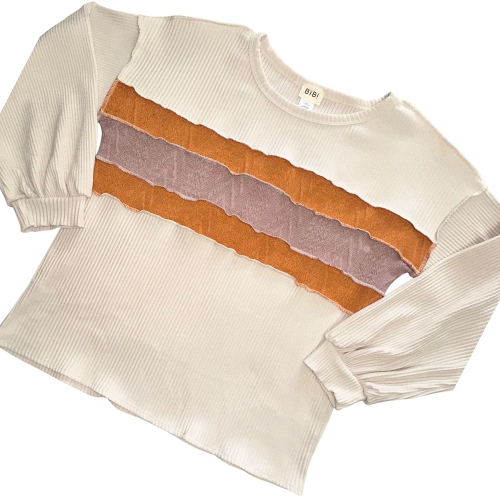 BiBi Top Women Large Rust Mauve Raw-Edge NWOT Balloon Sleeve Boho Relaxed Fit